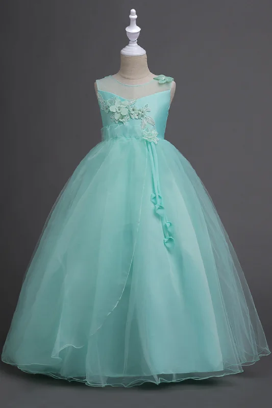 Resort Dresses for Vacation -Tulle A-Line Round Neck Green Girls Dresses with Appliques