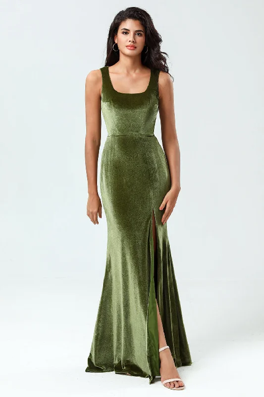 Pencil Dresses for Slimming -Enchanting Romantic Mermaid Square Neck Olive Long Bridesmaid Dress with Slit