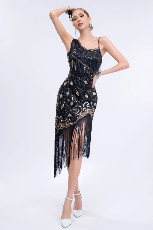 Hippie Dresses with Beads -Black Beaded Roaring 20s Gatsby Fringed Flapper Dress