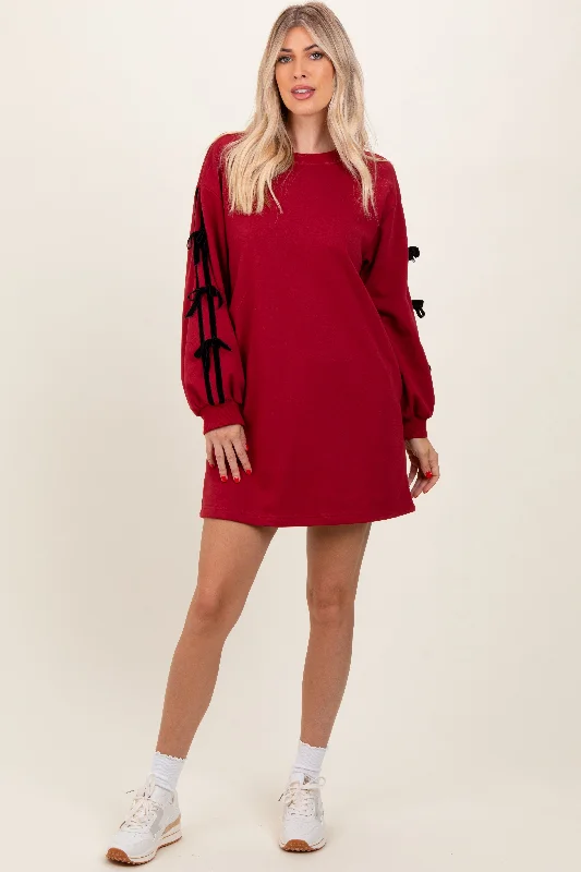 Wool Blend Hoodie with Cable Knit Pattern Winter Snowboard Adventures -Red Bow Detail Long Sleeve Sweatshirt Mini Dress