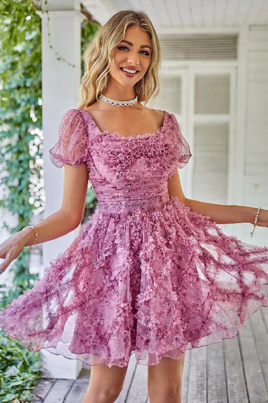 Halter Dresses for Chic Style -Cute A Line Floral Dusty Rose Homecoming Dress with Ruffles