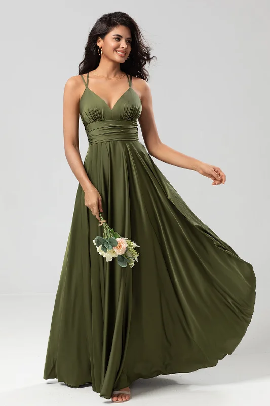 Tiered Dresses for Voluminous -Grand Beauty A Line Spaghetti Straps Olive Long Bridesmaid Dress with Ruffles