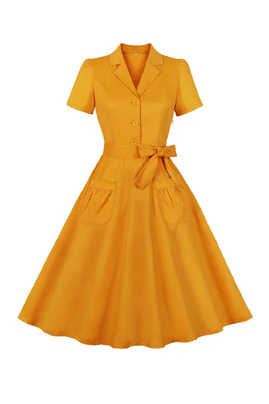 Retro Dresses for Throwback -Yellow Swing V Neck Vintage Dress With Short Sleeves