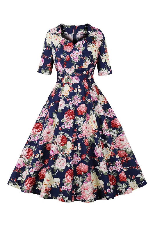 Midi Dresses for Versatile Wear -Navy Floral Printed Swing 1950s Dress with Short Sleeves