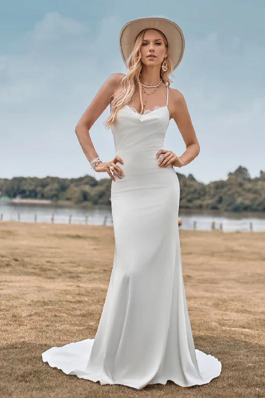 Zippered Dresses for Convenience -Simple Spaghetti Straps White Bridal Dress with Criss Cross Back