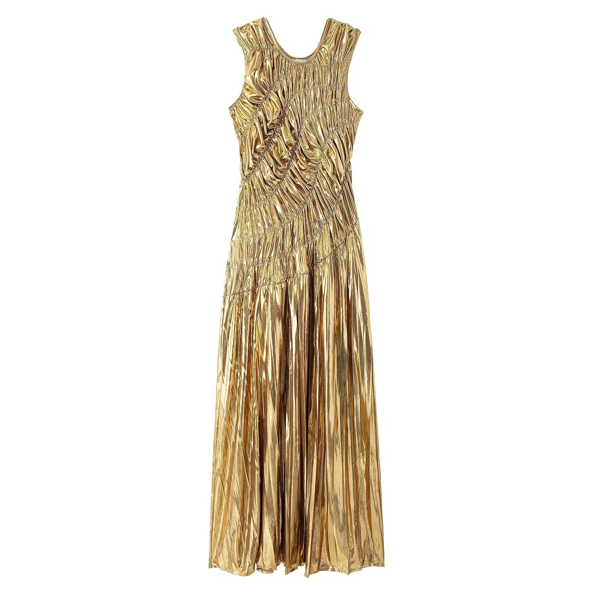 Animal Print Dresses for Fun -Slim Fit Gold Pleated Sleeveless Dress