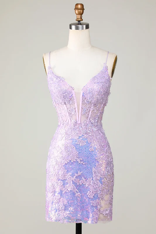 A-line Dresses for Flattering -Bling Bodycon Spaghetti Straps Purple Corset Homecoming Dress with Criss Cross Back