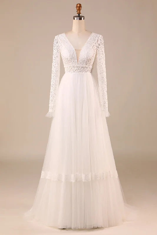 Studded Dresses for Statement -Ivory Long Sleeves Tulle A-Line Wedding Dress with Lace