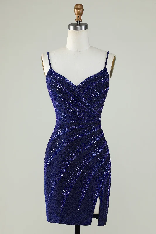 Polyester Dresses for Durable -Sparkly Sheath Spaghetti Straps Royal Blue Short Homecoming Dress with Beading