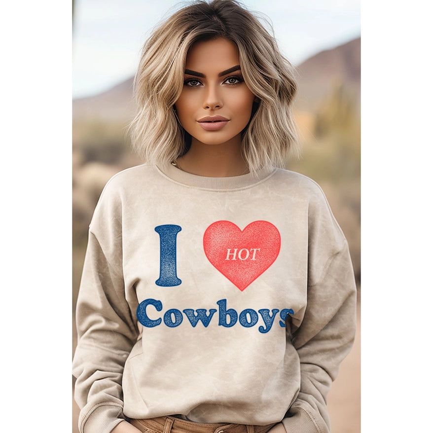 Baseball Hoodie with Ribbed Collar Classic Americana Look -Women's "I ❤️ Hot Cowboys" Graphic Sweatshirt in Oatmeal