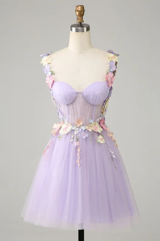 Beach Dresses for Coastal -Purple Spaghetti Straps Tulle Homecoming Dress With 3D Flowers