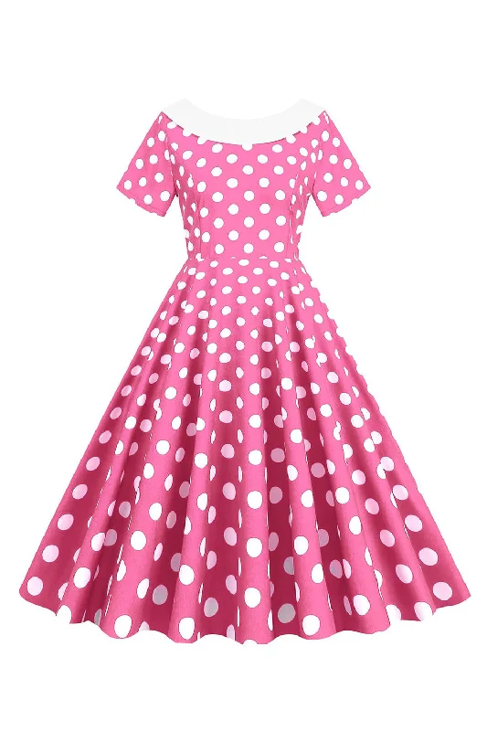 Mother's Day Dresses for Gift -Pink Polka Dots Boat Neck 1950s Dress With Bowknot