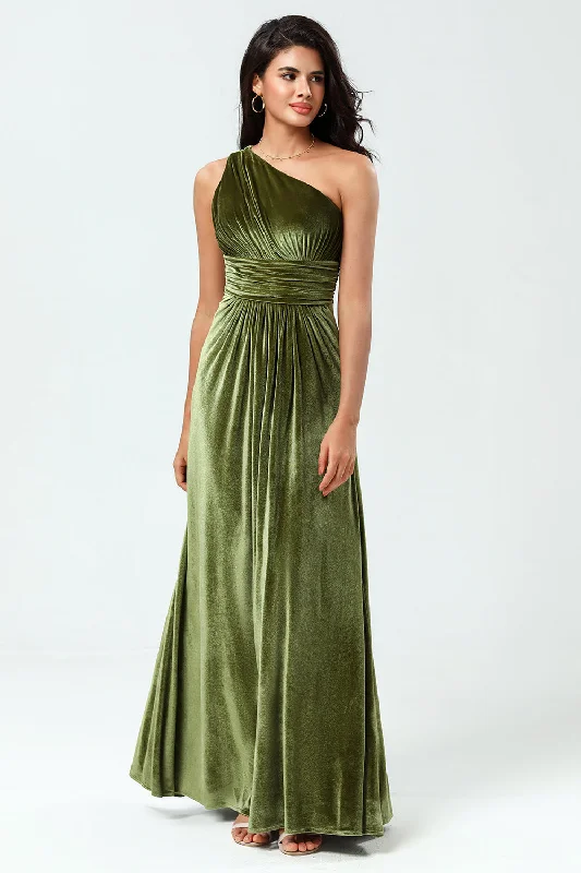 Flared Dresses for Retro -Dreaming of Elegance A Line One Shoulder Olive Velvet Long Bridesmaid Dress