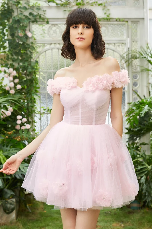 Indian Dresses with Intricacy -Pink Off the Shoulder Corset Homecoming Dress With Flowers