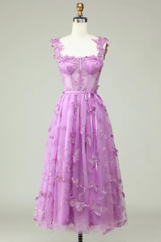 Retro Dresses for Throwback -Purple A Line Butterflies Appliques Prom Dress