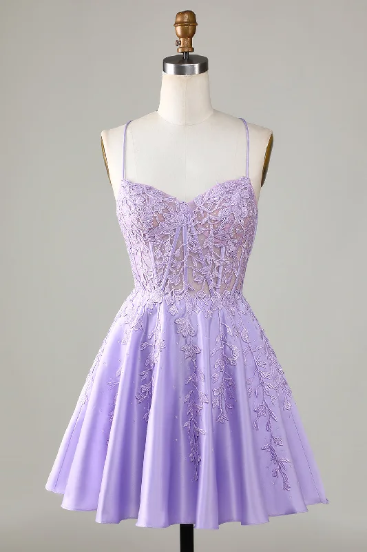 Mother's Day Dresses for Gift -Purple Corset A-Line Satin Short Homecoming Dress with Lace