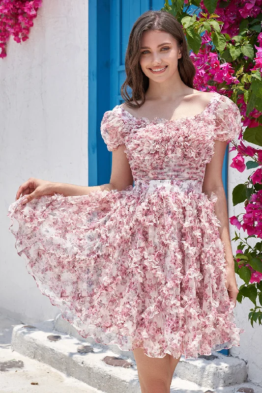 Sleeveless Dresses for Coolness -Cute A Line Floral Ivory Red Flower Homecoming Dress with Ruffles