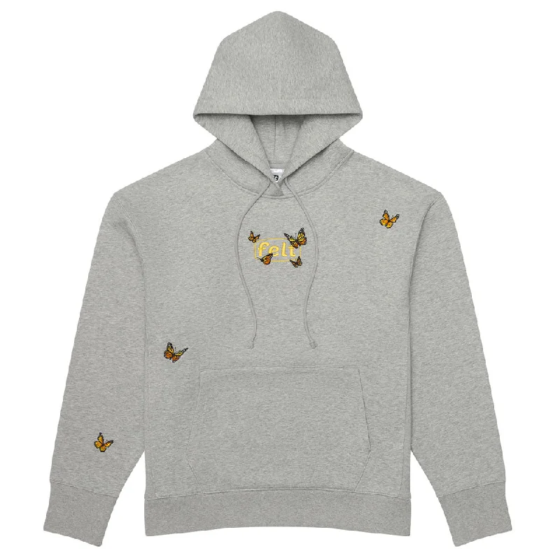 Hooded Sweatshirt with Kangaroo Pocket for Gym Workout Fitness Enthusiasts -FELT BUTTERFLY EMBROIDERED SWEATSHIRT (Gray)