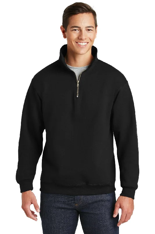 Fair Isle Knit Hoodie for Christmas Holiday Family Gatherings -Jerzees Super Sweats NuBlend 1/4-Zip Sweatshirt with Cadet Collar 4528M Black