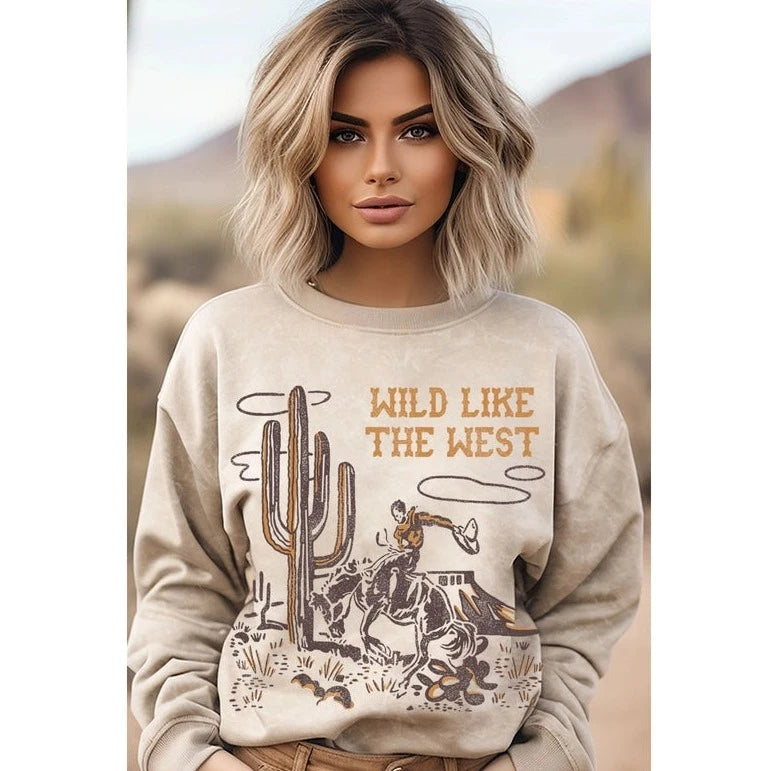 Plush Velvet Hoodie for Luxurious Movie Night Comfort -Women's "Wild Like The West" Graphic Sweatshirt in Oatmeal