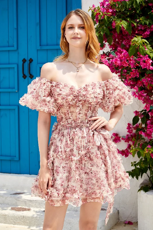 Satin Dresses for Shiny Look -A Line Off the Shoulder Ivory Red Flower Printed Cute Homecoming Dress