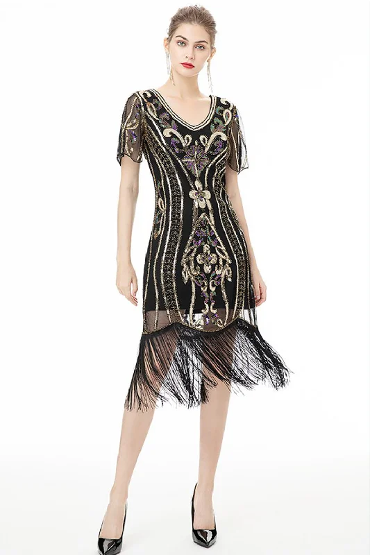 Orange Dresses for Energetic -Black Fringes Sparkly 1920s Dress with Short Sleeves