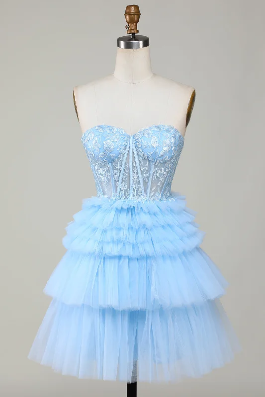 Strapless Dresses for Glamorous -Cute A-Line Sweetheart Blue Corset Short Homecoming Dress with Ruffles