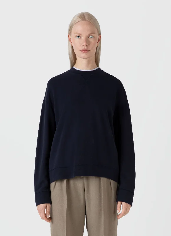 Two-Tone Hoodie with Contrast Stitching Modern Minimalist Design -Women's Relaxed Loopback Sweatshirt in Navy