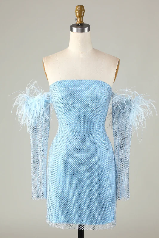 Valentine's Day Dresses for Romance -Detachable Sleeves Blue Tight Homecoming Dress with Feathers