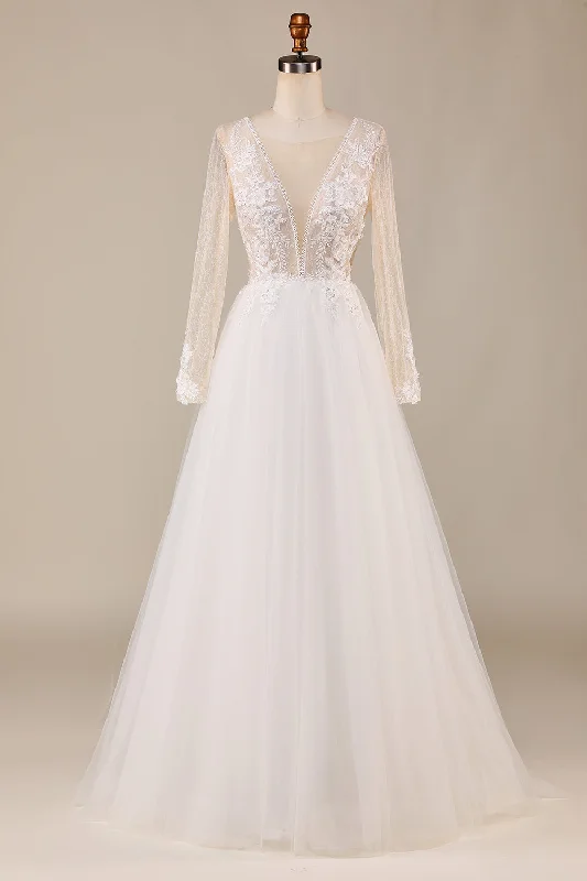 Punk Dresses with Spikes -A Line Deep V-Neck Ivory Tulle Sweep Train Wedding Dress with Lace