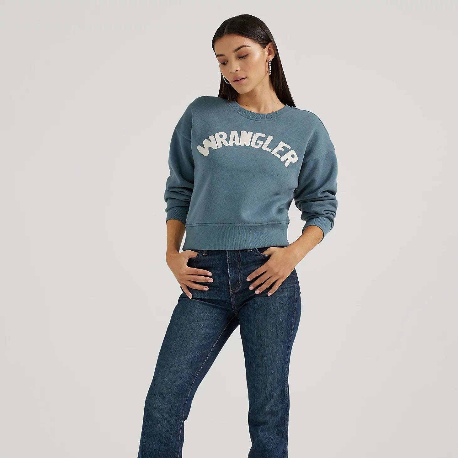 Maternity Hoodie with Adjustable Waistband Pregnant Women Comfort -Wrangler Retro Women's Shabby Logo Pullover Sweatshirt in Blue