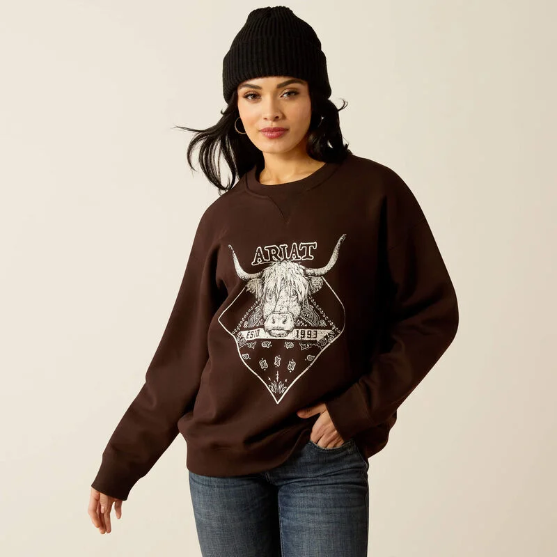 Mock Neck Sweatshirt with Thumb Holes Cold Weather Protection -Ariat Women's Taurus Oversized Crew Sweatshirt in Mole Brown (Available in Plus Sizes)