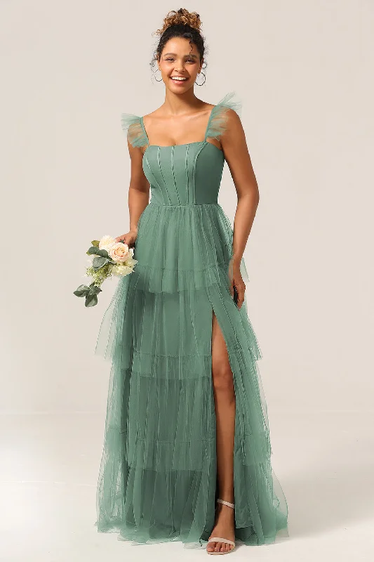 Midi Dresses for Versatile Wear -Detachable Straps A Line Eucalyptus Tiered Long Bridesmaid Dress