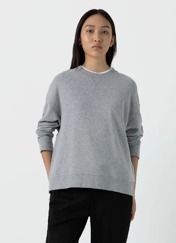 Linen Blend Sweatshirt for Breathable Summer Beach Outfits -Women's Relaxed Loopback Sweatshirt in Grey Melange