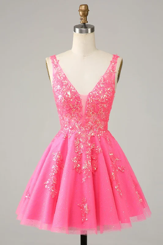 Prom Dresses for School Dance -Fuchsia Sequined V Neck Backless Short Homecoming Dress