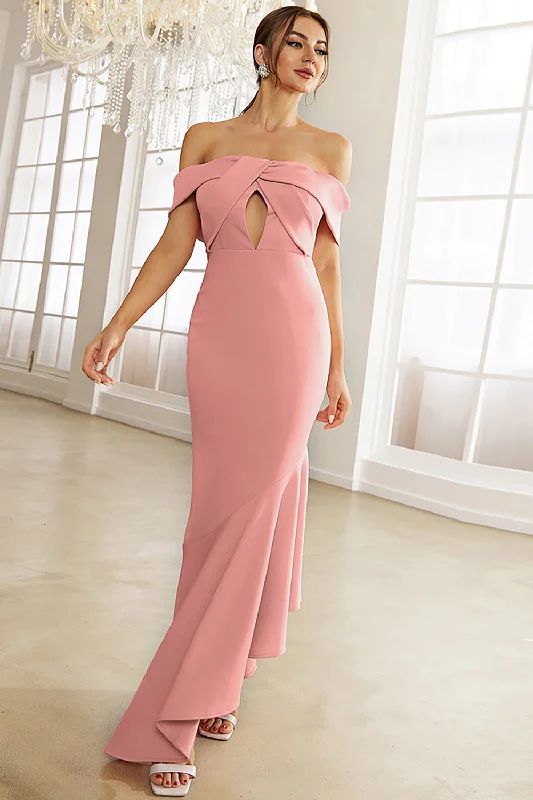 Linen Dresses for Breathable -Blush Off the Shoulder Irregular Mermaid Prom Dress With Ruffles