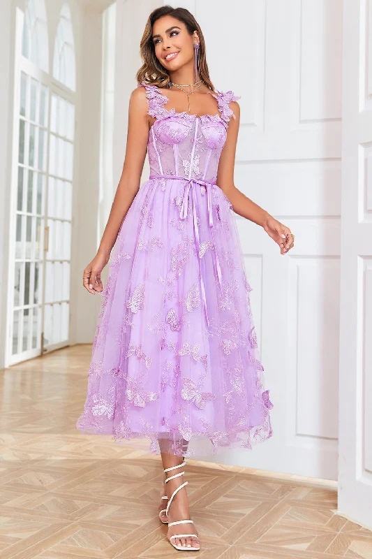 Mini Dresses for Youthful Look -Unique A Line Purple Corset Prom Dress with Butterflies Appliques