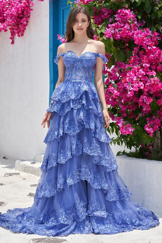 Yellow Dresses for Bright -Princess A Line Off the Shoulder Dark Blue Long Prom Dress with Appliques