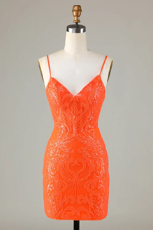 Red Dresses for Statement -Sparkly Sequins Tight Orange Homecoming Dress