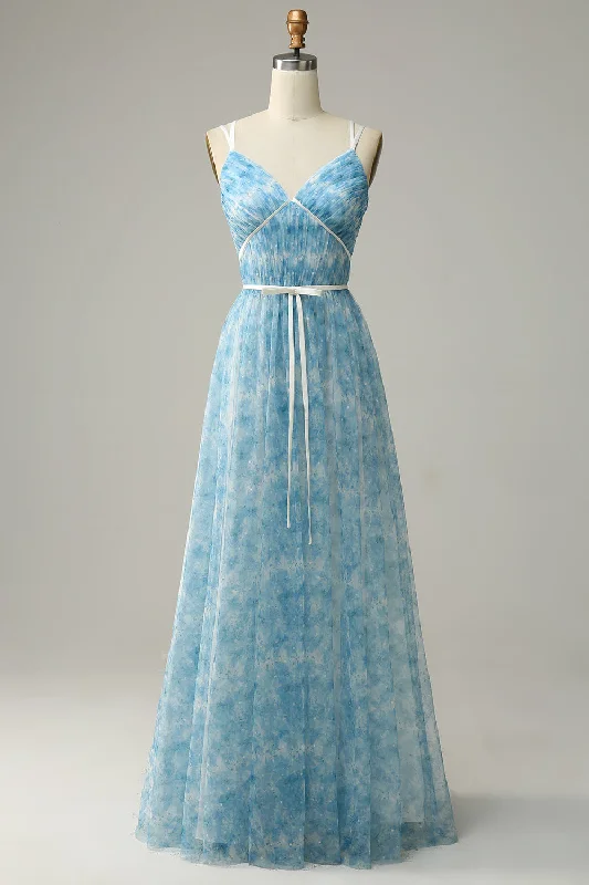 Work Dresses for Professional -Blue Printed A-Line Tulle Long Bridesmaid Dress