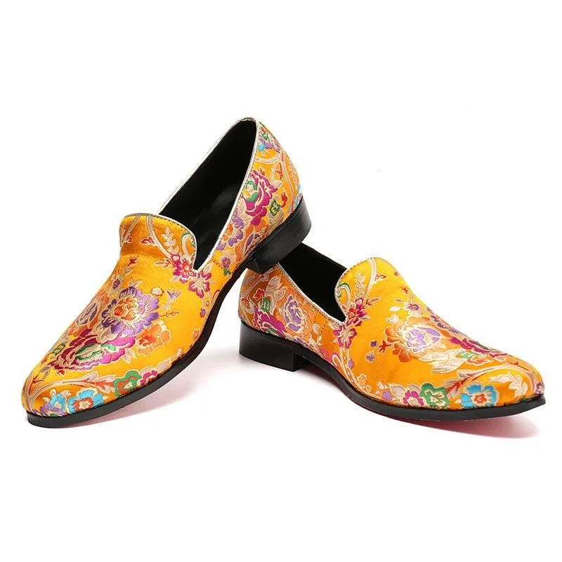 Retro Dresses for Throwback -Men Embroidery Genuine Leather Slip On Loafers Folk Dress Shoes