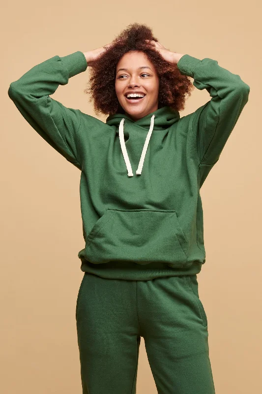 Terry Cloth Sweatshirt for Post-Workout Recovery Comfort -Women's Hooded Sweatshirt - Bottle Green