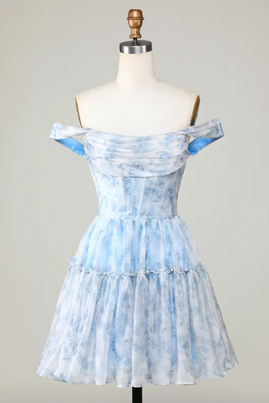 Denim Dresses for Casual Style -Cute A Line Off the Shoulder Blue Printed Short Homecoming Dress with Ruffles