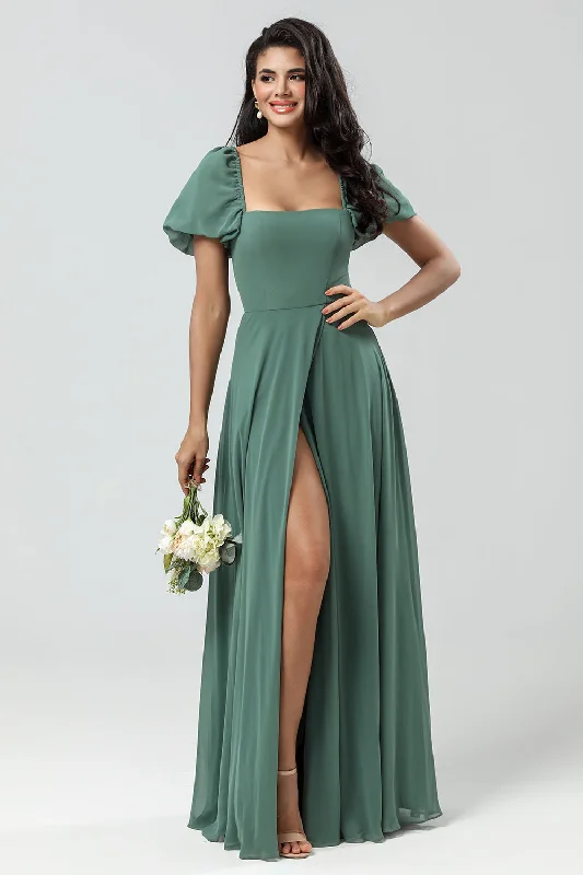 Retro Dresses for Throwback -Chiffon Puff Sleeves A Line Green Bridesmaid Dress