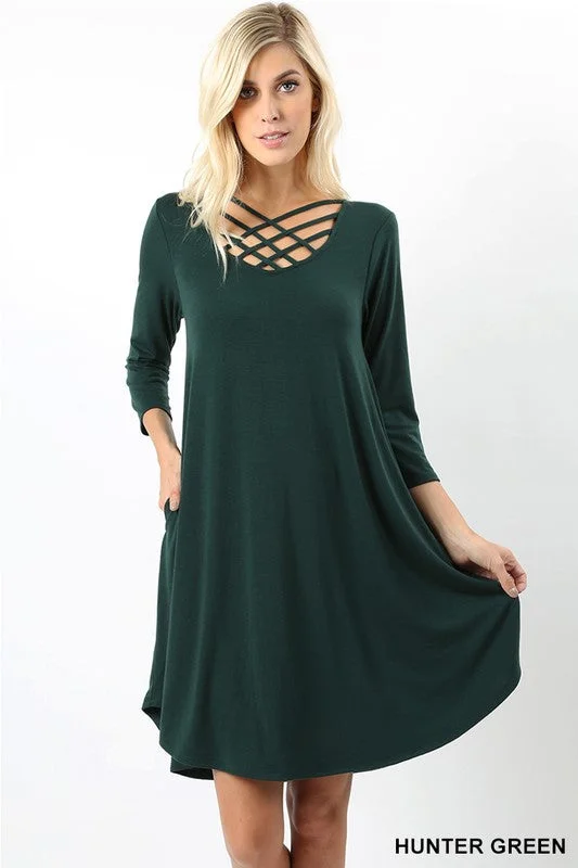 Casual Dresses for Everyday -Tripple Lattice Dress (Hunter Green)