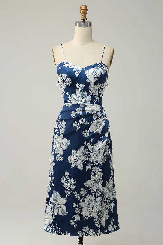 Indian Dresses with Intricacy -Ink Blue Floral Tea-Length Bridesmaid Dress