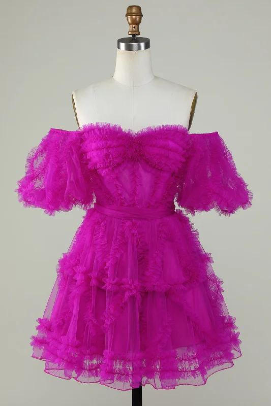 Capri Dresses for Playful -Stylish A Line Off the Shoulder Fuchsia Tulle Corset Homecoming Dress