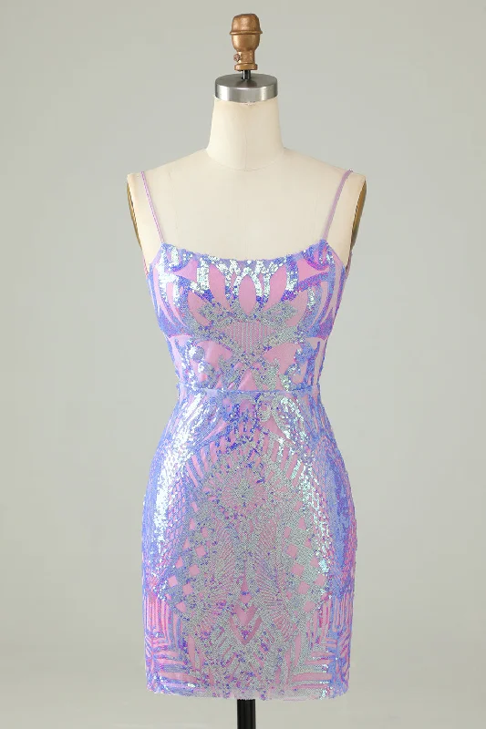 Floral Dresses for Romantic -Sparkly Purple Sequin Backless Tight Short Homecoming Dress