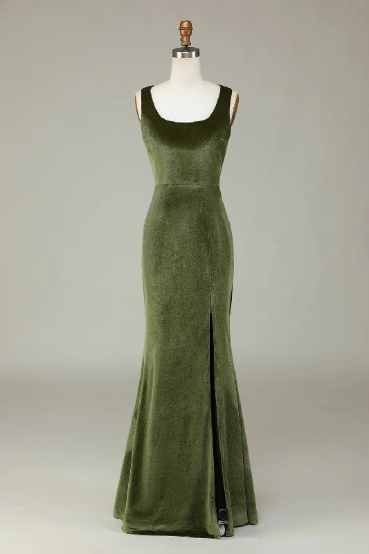 Fashionable Dresses for Style -Velvet Mermaid Olive Bridesmaid Dress with Slit