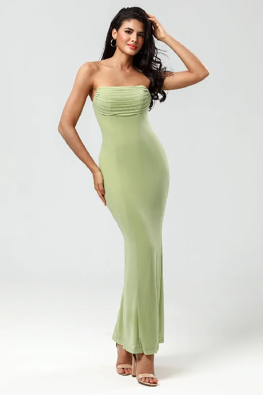 Beaded Dresses for Glamour -Strapless Mermaid Lemon Green Long Bridesmaid Dress